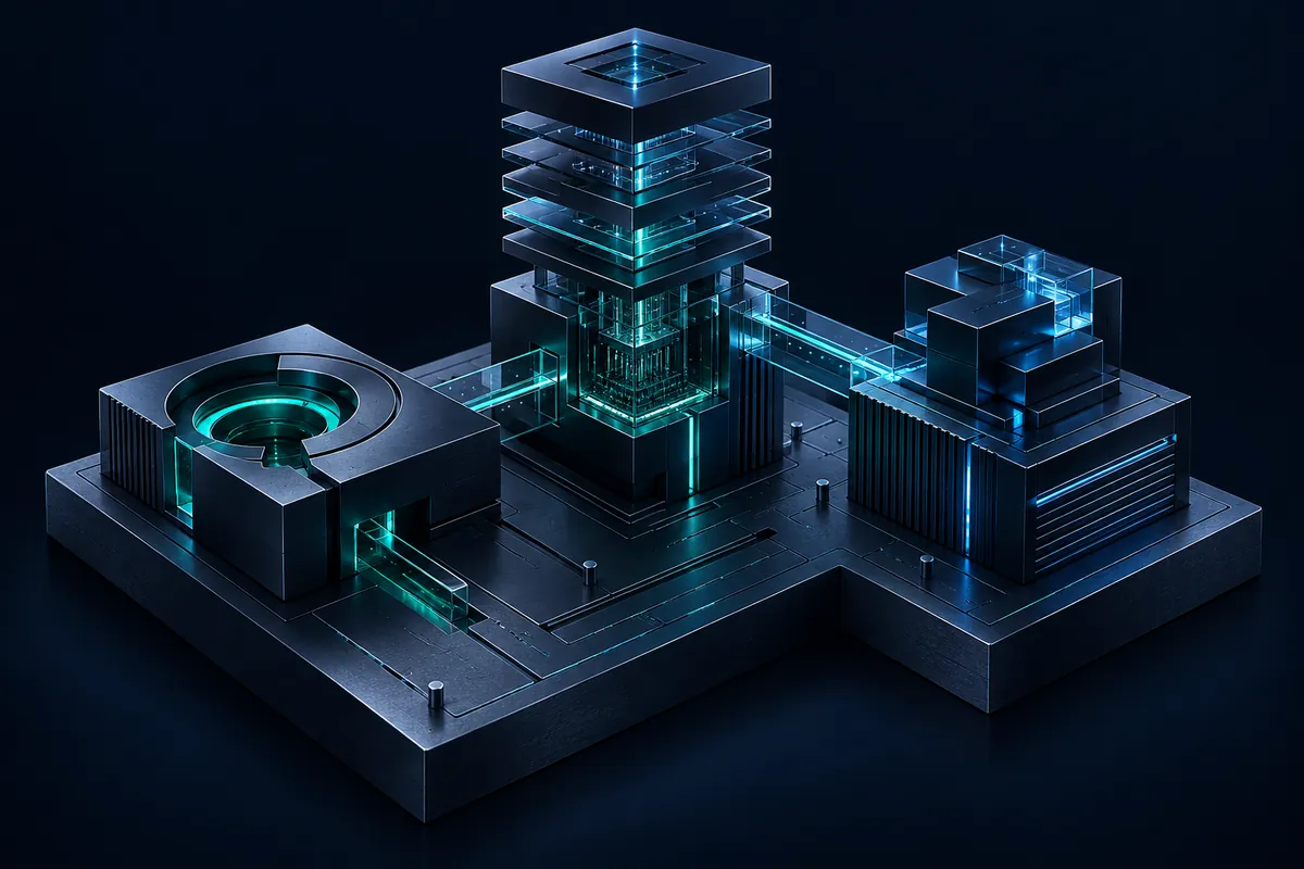 Escultura conceptual de módulos digitales conectados, con materiales oscuros y luz cian