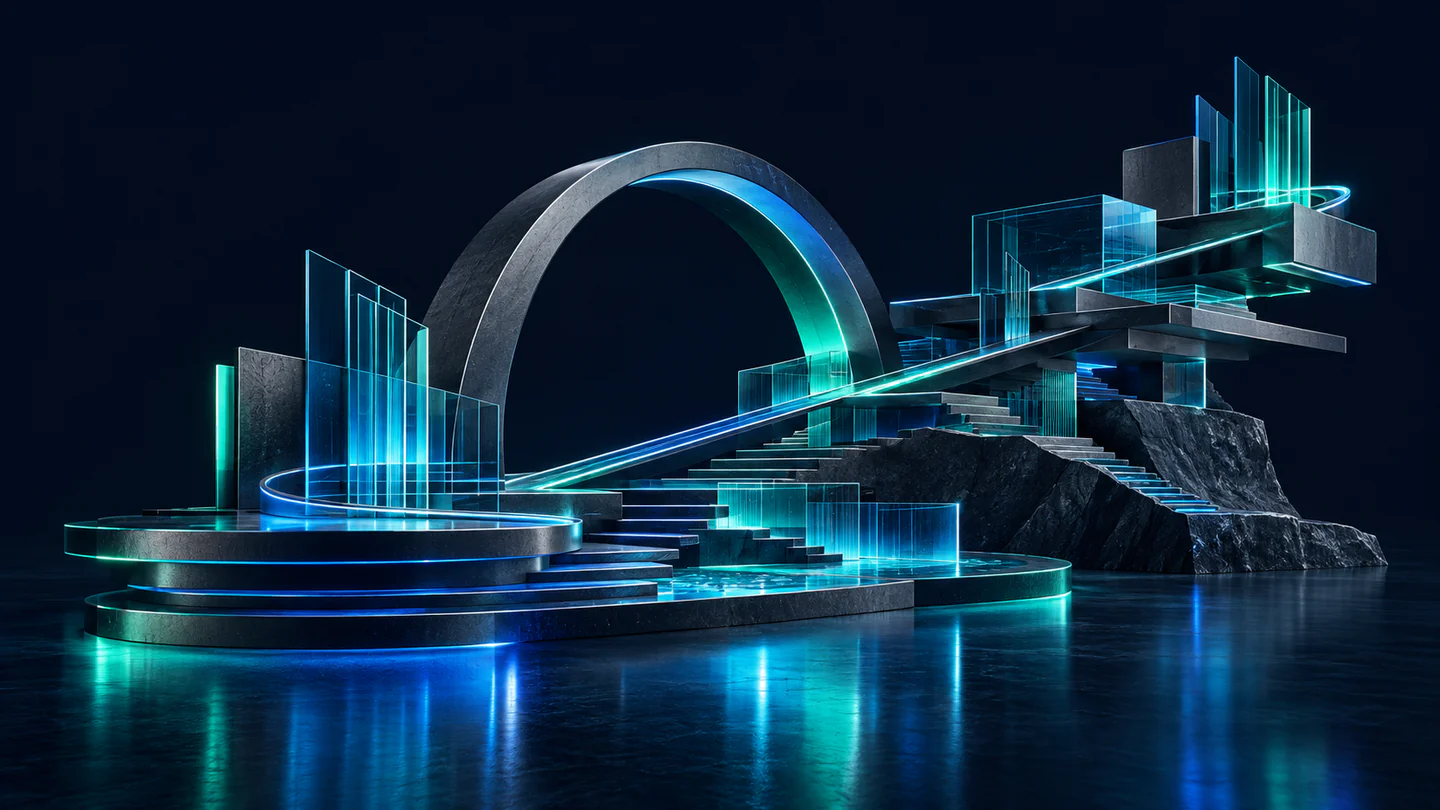 Instalación conceptual de ingeniería digital: grafito y cristal unidos por un recorrido de luz cian y verde